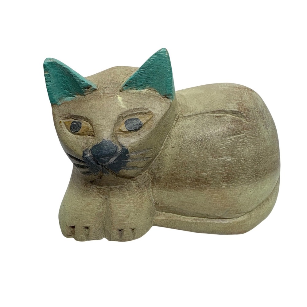 Hand Carved Wooden Cat Figurine Folk Art Painted Turquoise‎ Ears 4.5" Solid Wood